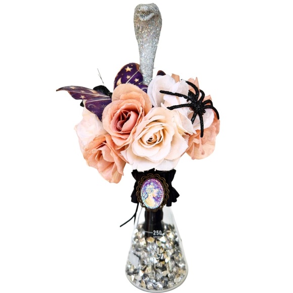 Iridescent Cameo Adorned Science Beaker Dark Ruffles Vase w/ Filler - Picture 3 of 13